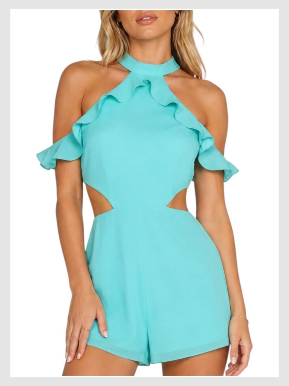 superdown Aqua Halter Ruffle Cutout Romper